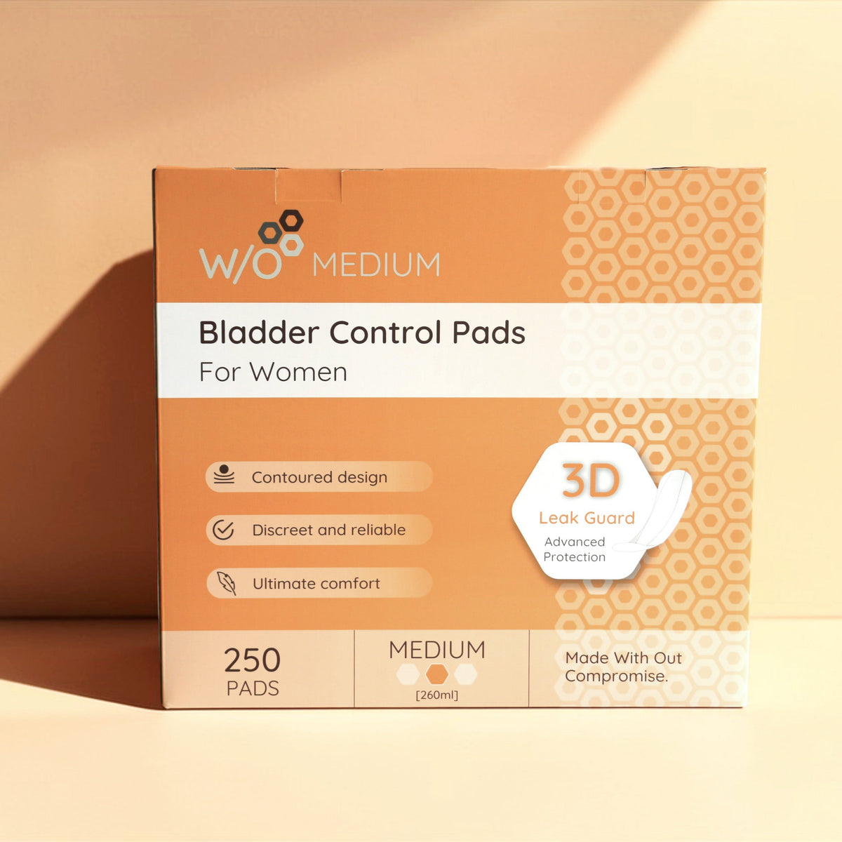 Box of W/O Bladder Control Pads for Women on a peach background, the carton contains 250 individually wrapped pads