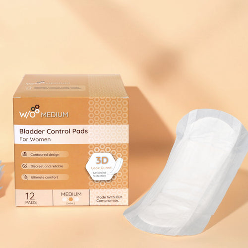 Box of 12 bladder control pads for women with a single pad displayed on a peach background