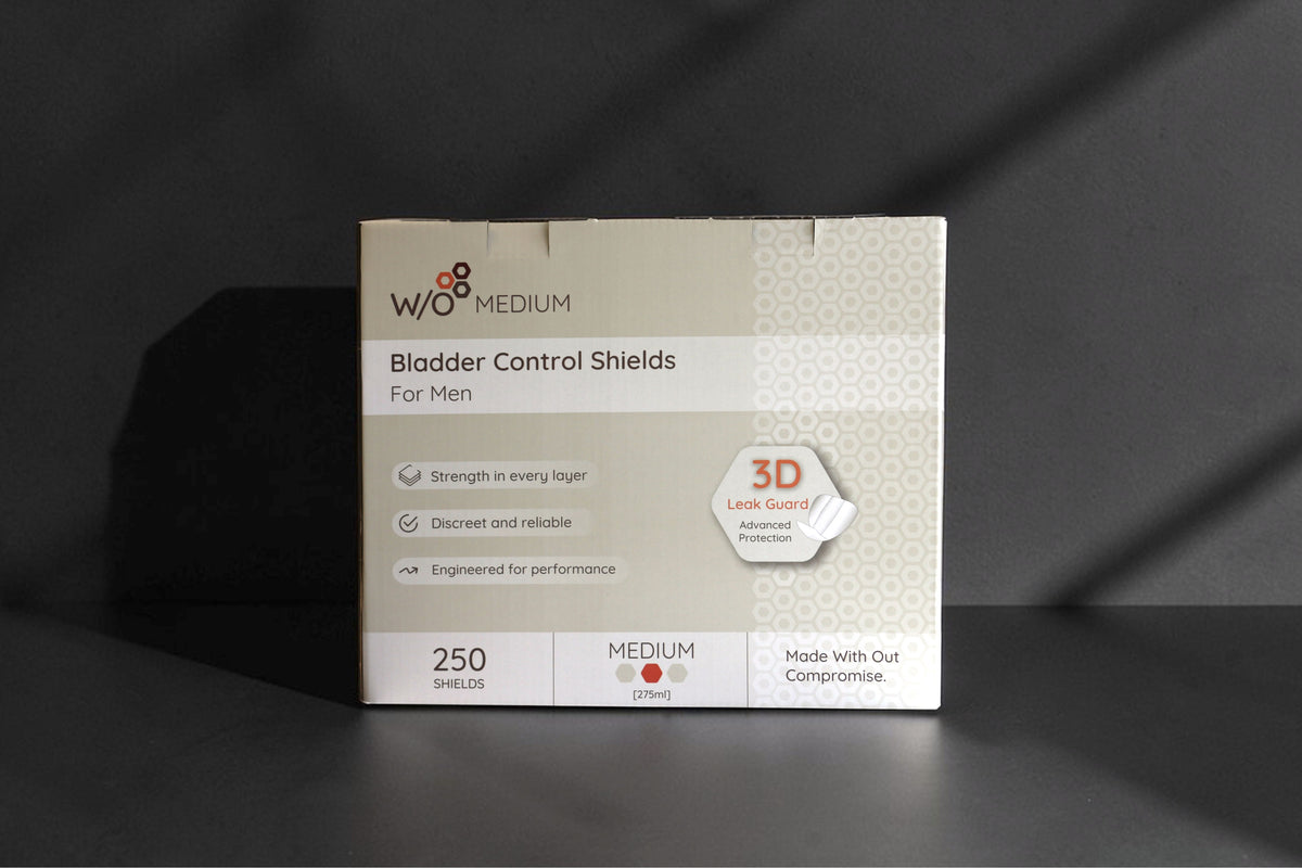 Carton of W/O Bladder Control Shields for Men on a dark background, the carton contains 250 individually wrapped shields