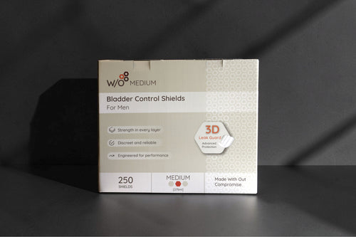 Carton of W/O Bladder Control Shields for Men on a dark background, the carton contains 250 individually wrapped shields